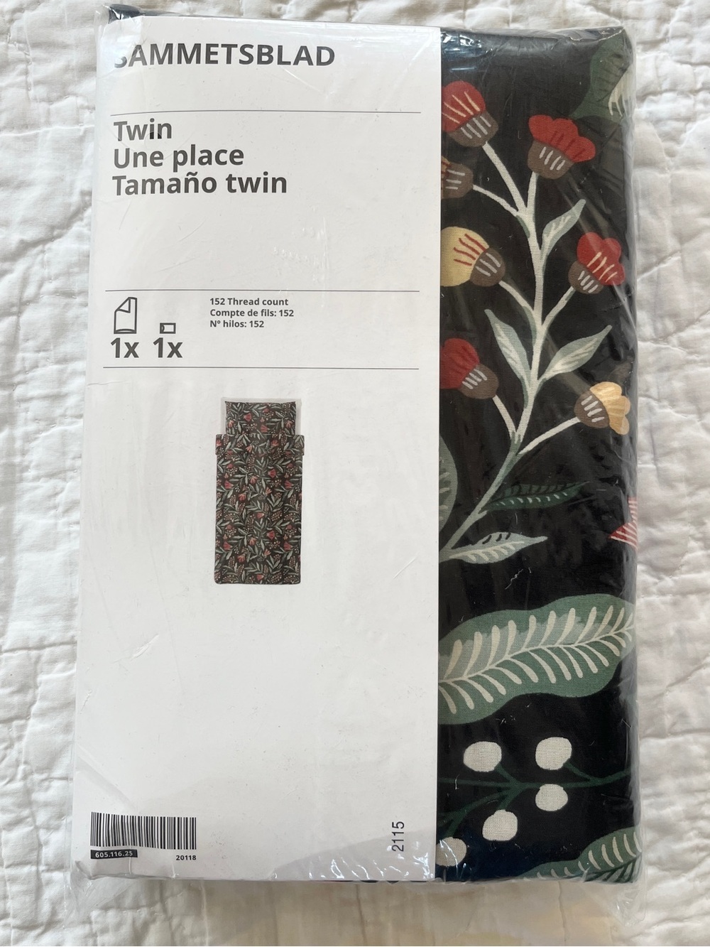 NEW IKEA SAMMETSBLAD Twin Duvet Cover Sham Black Floral Green Red 100% Cotton